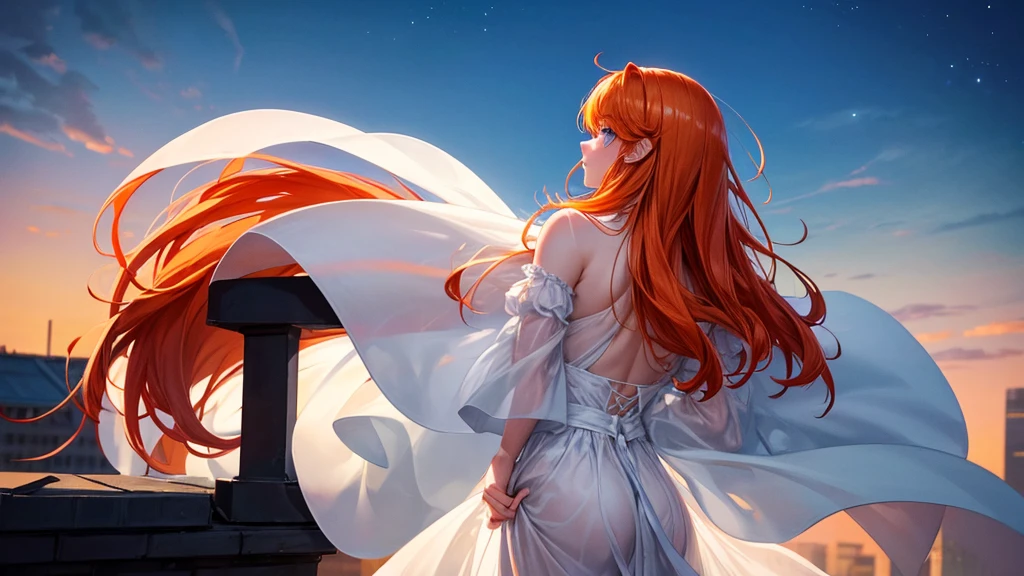 Mid-chest, With her elbows on her white sheer dress, Back view of a man standing on the roof of a building looking at the night view, Long Orange Hair, Amazing blue eyes, sunny day,Night Sky.8k
