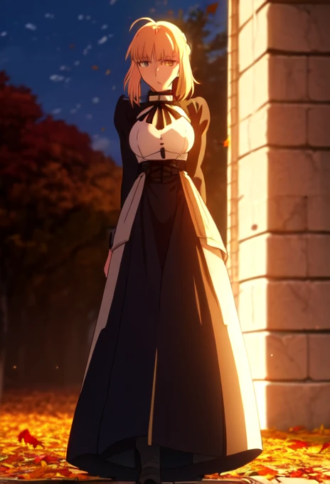 (safe:1.10), best quality, masterpiece, highres, solo, (saber_fatestaynightufotable:1.10), anime_style, 24 ,Serious expression,big breast,Excalibur,Falling autumn leaves,autumn leaves,moonlight,cowboy shot, Ready own sword,full body shot,black dress,black ribbon