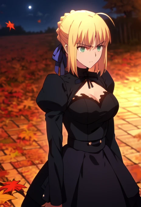 (safe:1.10), best quality, masterpiece, highres, solo, (saber_fatestaynightufotable:1.10), anime_style, 24 ,funny expression,big breast,Falling autumn leaves,autumn leaves,moonlight,cowboy shot, full body shot,white and Gold embroidery　 dress,black 
 and gold ribbon,smile,sholder nude,Wave own left hand