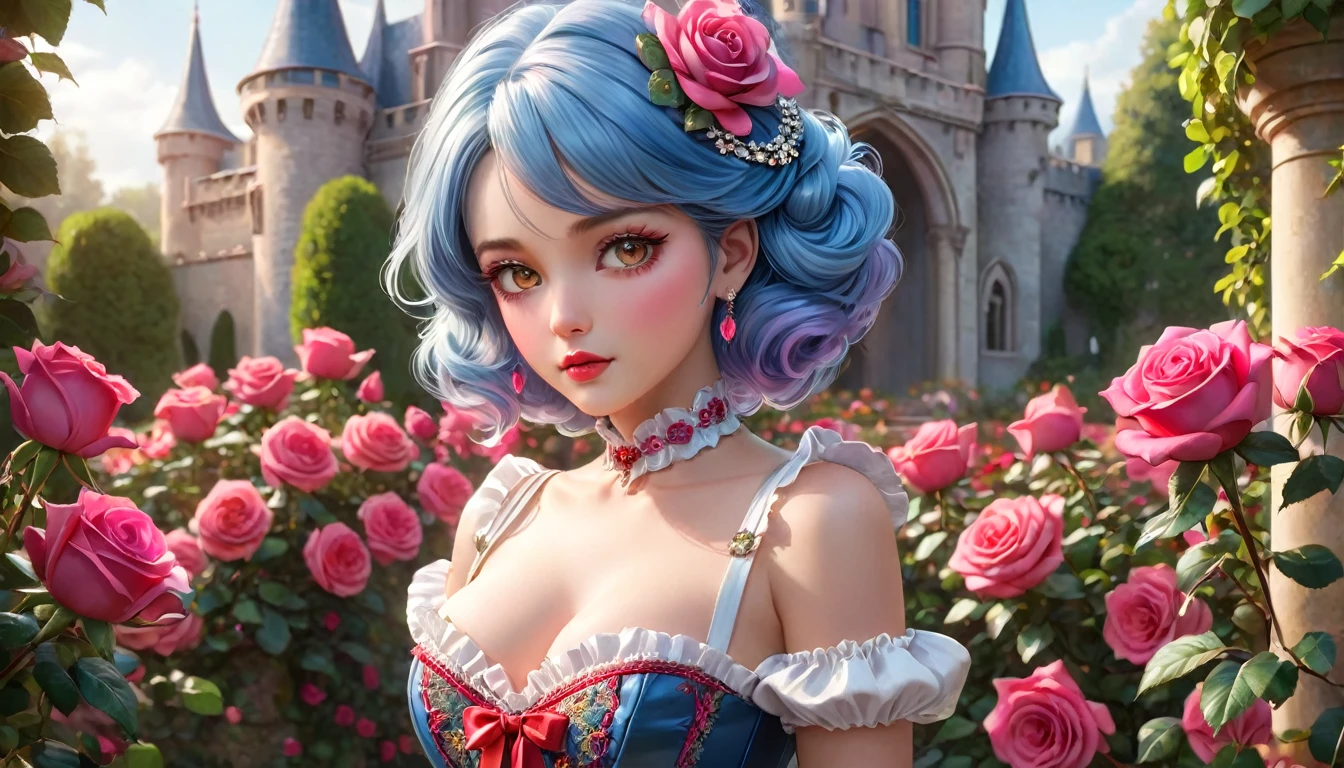 This is realistic fantasy artwork set in the castle's enchanted rose garden. Generate a proud woman with a highly detailed face dressed in the billowing folds of a stunning French silk ballgown. The woman's sweet face is ((((highly detailed, with realistic features and soft, puffy lips.)))) The ballgown is embellished with ruffles, sashes, and bows and a delicately, but intricately, hand-embroidered bodice. The corset features silk ribbon. The woman's stunning eyes are beautifully blue hair pink detailed, featuring realistic shading and multiple colors and high resolution. The woman is in a garden of eternal roses, each one beautifully formed and highly detailed. These realistic roses feature shimmering shades of pink, yellow, orange, and glimmering red. The eternal rose is a deep shade of red with shimmering pink overtones and undertones. Ensure that the woman's face, hair, and eyes are perfect. realism, high fantasy, whimsical fantasy, storybook fantasy, fairytale fantasy, fantasy details, enchanting, bewitching, 8k, hires, cgi, digital painting, unity, unreal engine, (((masterpiece))), intricate, elegant, highly detailed, majestic, digital photography, art by artgerm and ruan jia and greg rutkowski, (masterpiece, finely detailed beautiful eyes: 1.2), hdr, realistic skin texture, (((1woman))), (((solo))), Include a highly detailed face, extremely detailed face, and interesting background.