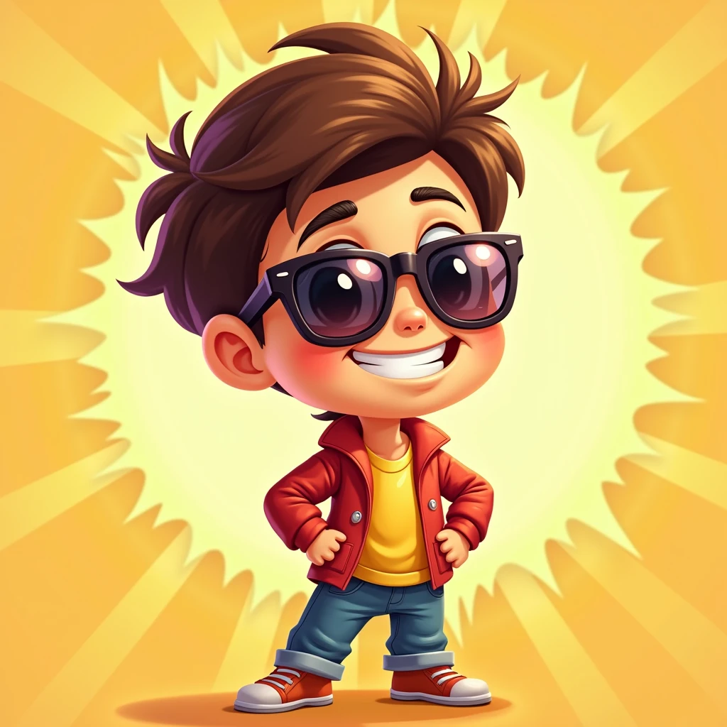 A lucky boy,Cartoon,Wear sunglasses,rich,strong,Bright background
