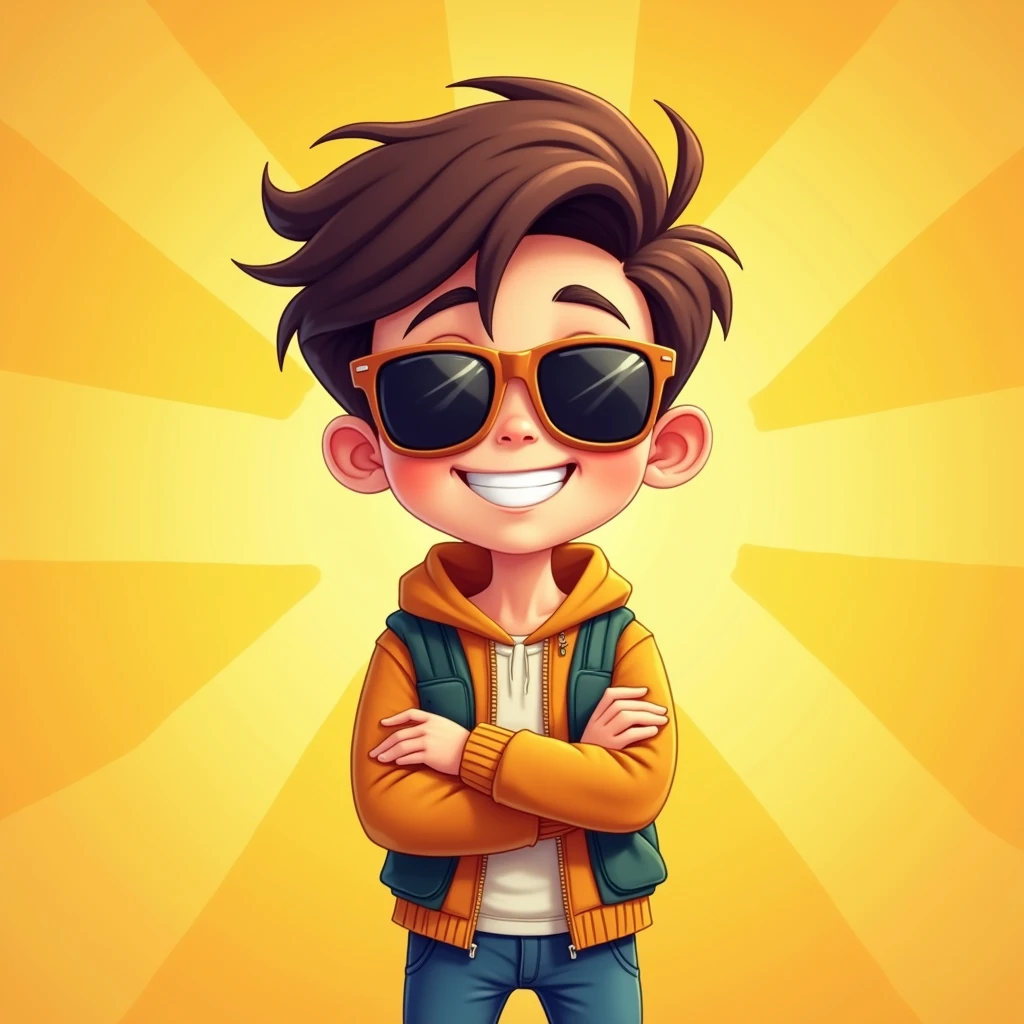 A lucky boy,Cartoon,Wear sunglasses,rich,strong,Bright background
