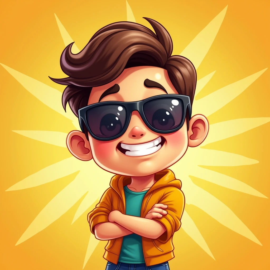 A lucky boy，Cartoon，Wear sunglasses，rich，strong，Bright background
