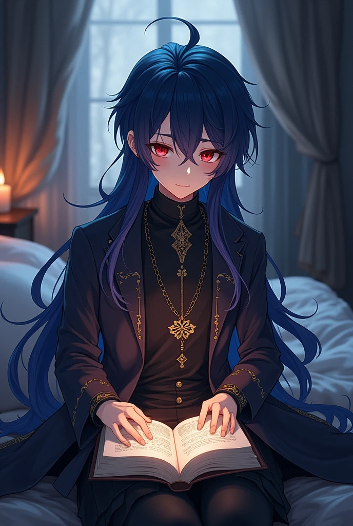 Anime boy with red eyes representing long dark blue hair ,Fair skinned and wearing all black fantasy clothes sitting on a bed reading a book