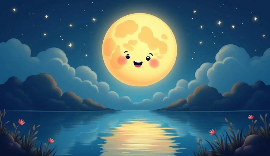 M is for Moon, shining bright at night:
"A full cartoon moon glowing brightly in the night sky, with soft clouds drifting by and stars ling around it, reflecting on a calm lake."