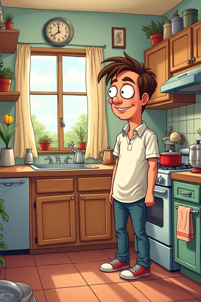 A cartoonist AI image of husband in the background of their kitchen