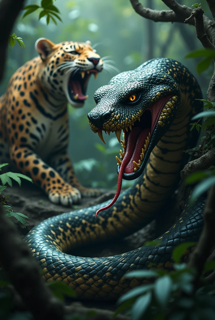 Make a good drawing of a snake "Grinning" at the sound of a crying jaguar