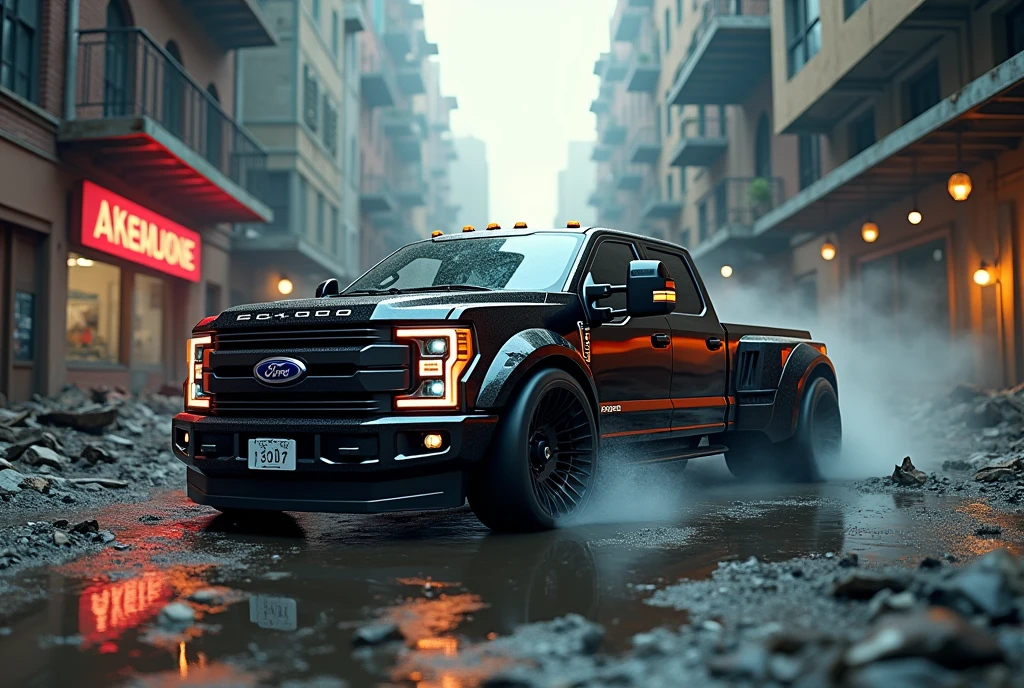 ((best quality,4k,highres,masterpiece:1.2)),race muscle car "Ford F-250 old",ruins,sci-fi,futuristic, cinematic lighting, chiaroscuro,ray tracing,highly detailed, high-quality, mirai, color contrast, atmospheric, dystopian, urban, vibrant colors, shattered glass, dramatic shadows, decaying buildings, futuristic technology, dynamic composition, motion blur, urban decay, dynamic perspective, immersive atmosphere, post-apocalyptic, abandoned, reflections, moody, intense, mystery, advanced design, sleek lines, (powerful engine, speed, danger, adrenaline rush), ((((more detail, high detailed, enhaced-themed_urban))))