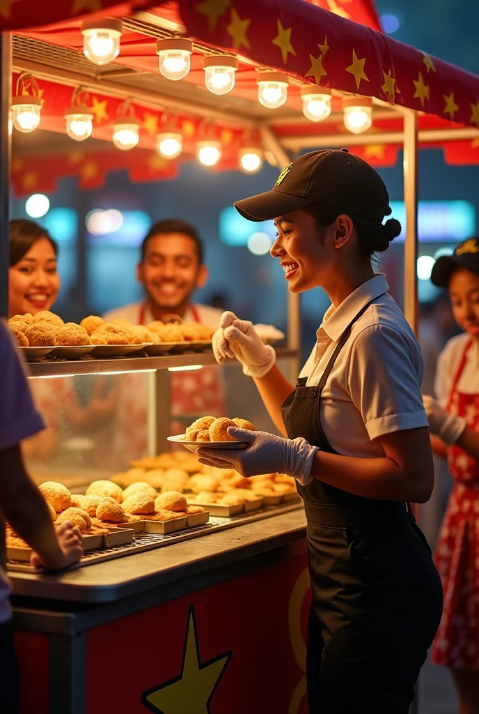 Make a five flavor pani puri cart serving a person well uniform hand gloves vanity cap
and eating 5 person standing position take a bowl in right hand enjoy and very happiness great expression enjoy the best and fully decorated car by 4 wheel only LED light decorated and title name fighter quality
And card name so five star funny point