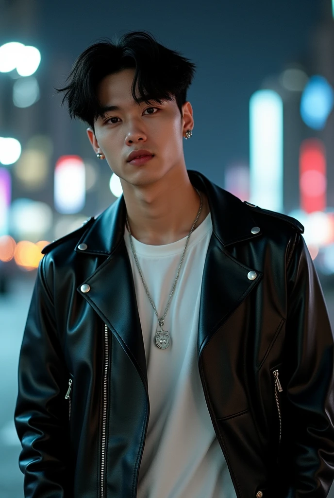 Since creating an image of Jeon Jungkook (a specific, named public figure) directly may raise issues, you can instead create a prompt for an image inspired by his appearance and style. Here's how you can phrase it:
*"A young man with dark, wavy hair styled in a slight undercut, wearing a sleek black leather jacket over a white t-shirt. He has a fit, lean build and is standing confidently in front of a modern cityscape at night. The city's lights reflect in his expressive brown eyes. His look is edgy yet sophisticated, with subtle piercings in his ears and a silver necklace around his neck. The atmosphere is cool and slightly mysterious, with a soft glow from the city lights."*
This prompt captures Jungkook's style and persona without directly naming him.