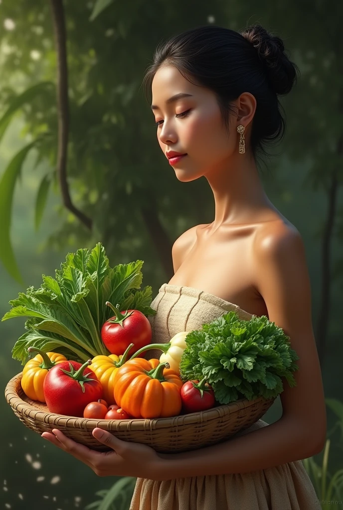 Arcimboldo-style painting, the upper body of a Japanese girl, naked, formed from a collection of vegetables