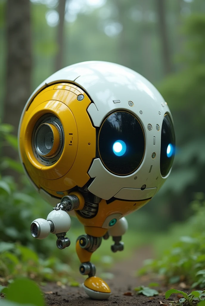 Robot ball floating. Binoculars eyes. Yellow white black . Flying. Yellow body. Blue eyes. Small open circle ear. Very detail high tech. Have hand. Mechanical small arm. Background garden 
