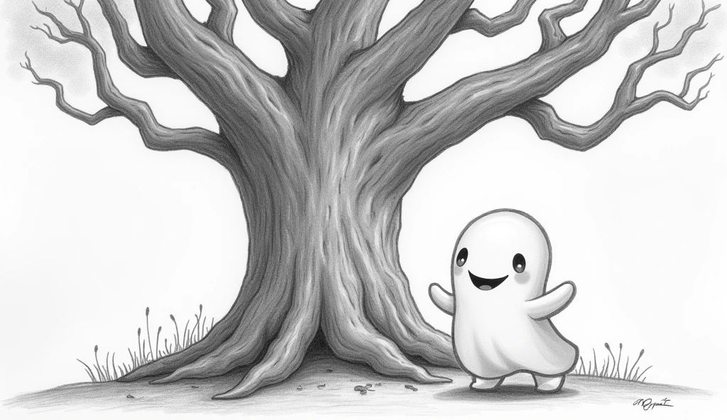 Cartoon child ghost guarding a huge tree in pencil drawing