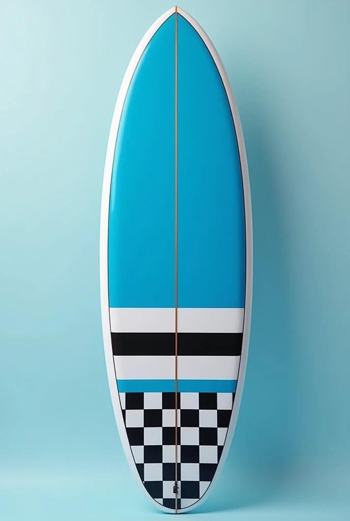 A surfboard with a blue top, which has a white border and two white and black checked stripes which run parallel to the stringer from the nose to the tail. The stringer should be visible