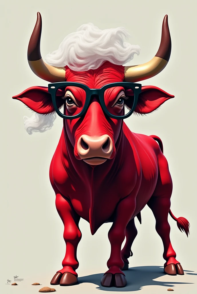 Please make a picture of a red bull wearing black glasses and a veil