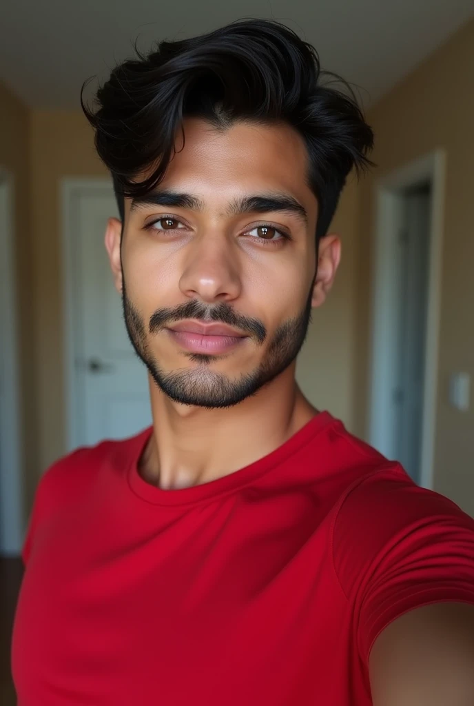 Handsome white Indian guy, 2, Korean glass skin, dark short hair
bit wider face, brown eyes and bit shorter hair
wider cheek
1 day beard
there is a line shaved in the right eyebrow, on a t-shirt fitting perfectly funky cool red t-shirt, looking back at the camera selfie 
