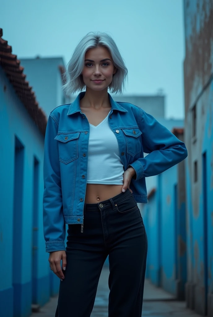 Professional photography, masterpiece, full body, beautiful 30 year woman, confident, charming, thin smile, trendy short silver hair, wearing a blue jacket , white t-shirt, long black jeans, attractive pose, on top of blue Mexican building, dramatic lighting, lens flare, glitter effect, resembling photo Sony 7000D, ultra realistic, high definition with added elements of rain or fog and cinematic effects like lens flare or motion blur, blue atmosphere