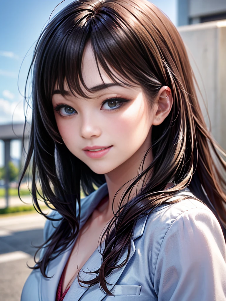 Cute 26 year old Japanese/Chinese woman、1 person、University campus、Super detailed face、Pay attention to the details、double eyelid、Beautiful thin nose、Sharp focus:1.2、Beautiful woman:1.4、(Light brown hair,Straight long hair),Natural hair blowing in the wind、Pure white skin、Highest quality、masterpiece、Ultra-high resolution、(Photorealistic:1.4)、Highly detailed and professional lighting、nice smile、Please show me your whole body、Cute navy blue blazer、((1 image、No division))