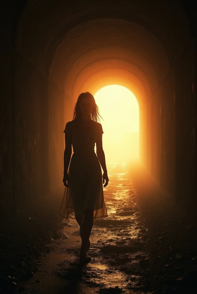 A sad young woman seeing the light of sunlight at the end of the tunnel