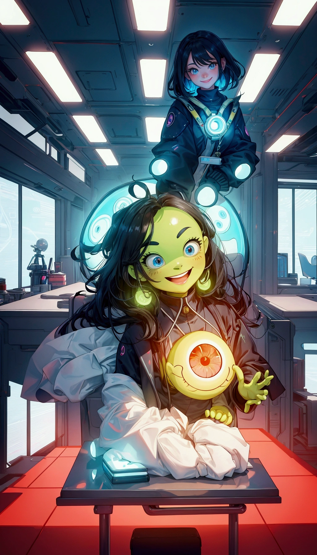 Create a vibrant, futuristic office environment with a sleek, modern design featuring a long conference table and glowing overhead lights. Replace the smiling alien-like character in the foreground with a beautiful, cute girl dressed in business attire. She should be confidently holding a document with a big smile, reflecting excitement and success. The girl's expression should match the original character's energy, with large expressive eyes and a friendly demeanor. Keep the background exactly the same, with the 'DOCUMENT REVIEW' sign and seated figures in the back, ensuring the atmosphere remains professional yet playful