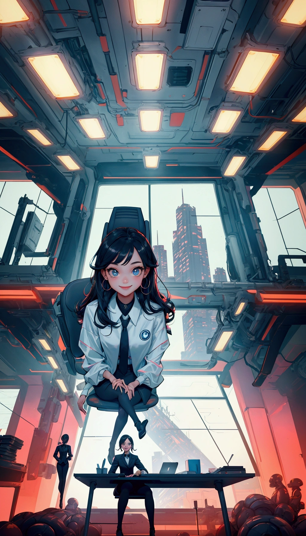 Create a vibrant, futuristic office environment with a sleek, modern design featuring a long conference table and glowing overhead lights. Replace the smiling alien-like character in the foreground with a beautiful, cute girl dressed in business attire. She should be confidently holding a document with a big smile, reflecting excitement and success. The girl's expression should match the original character's energy, with large expressive eyes and a friendly demeanor. Keep the background exactly the same, with the 'DOCUMENT REVIEW' sign and seated figures in the back, ensuring the atmosphere remains professional yet playful