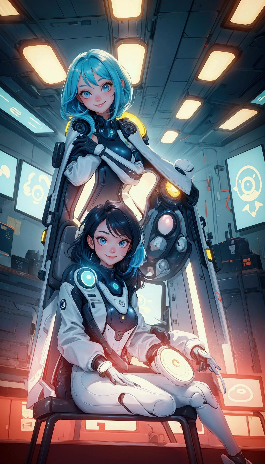 Create a vibrant, futuristic office environment with a sleek, modern design featuring a long conference table and glowing overhead lights. Replace the smiling alien-like character in the foreground with a beautiful, cute girl dressed in business attire. She should be confidently holding a document with a big smile, reflecting excitement and success. The girl's expression should match the original character's energy, with large expressive eyes and a friendly demeanor. Keep the background exactly the same, with the 'DOCUMENT REVIEW' sign and seated figures in the back, ensuring the atmosphere remains professional yet playful