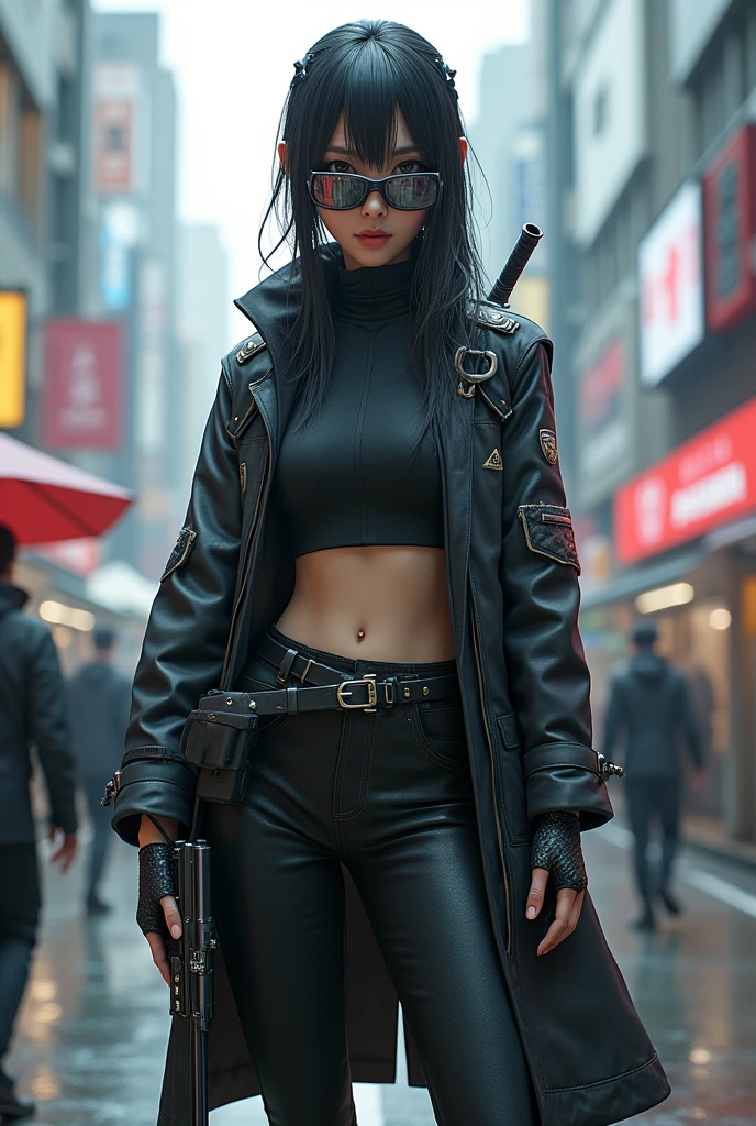 3000 years、Chiba、A female samurai with half of her body made into a cyborg、cyber punk、(((Mirror Goggles)))、holding a handgun、Estimated Age28age、Bodysuit that fits the body、Skinny、skinny pants、Casual wear、sober、Wearing a half-coat