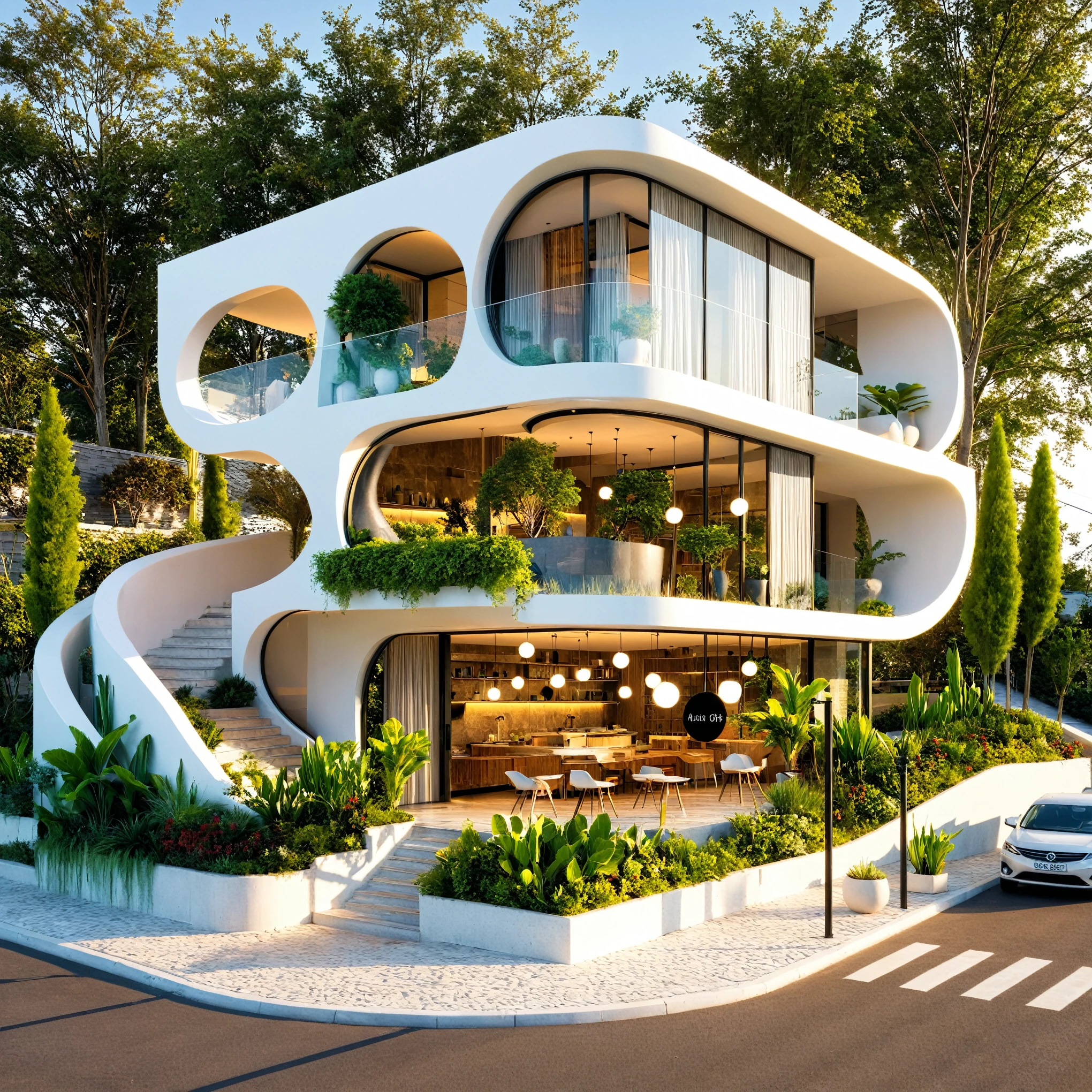 Boss of&#39;ouvrages d&#39;art, high quality, best quality, authentique, Great detail, En plein air, plain-piedVilla XL, groupe, style de maison moderne dans la rue ,stairs, pink wall ,road,pavement, grass, trees, sky, clouds, (day light:1.1)
