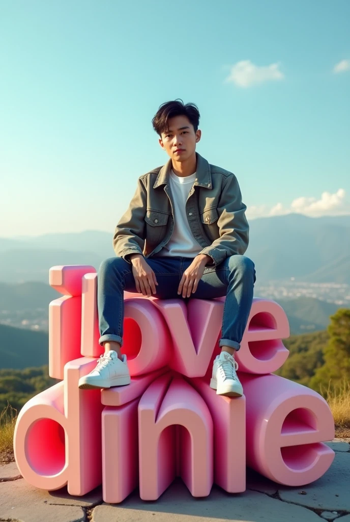 a handsome Asian guy aged 20 wearing cool clothes. sitting on a 3d text block that says "I love Dinie". background view from the hill