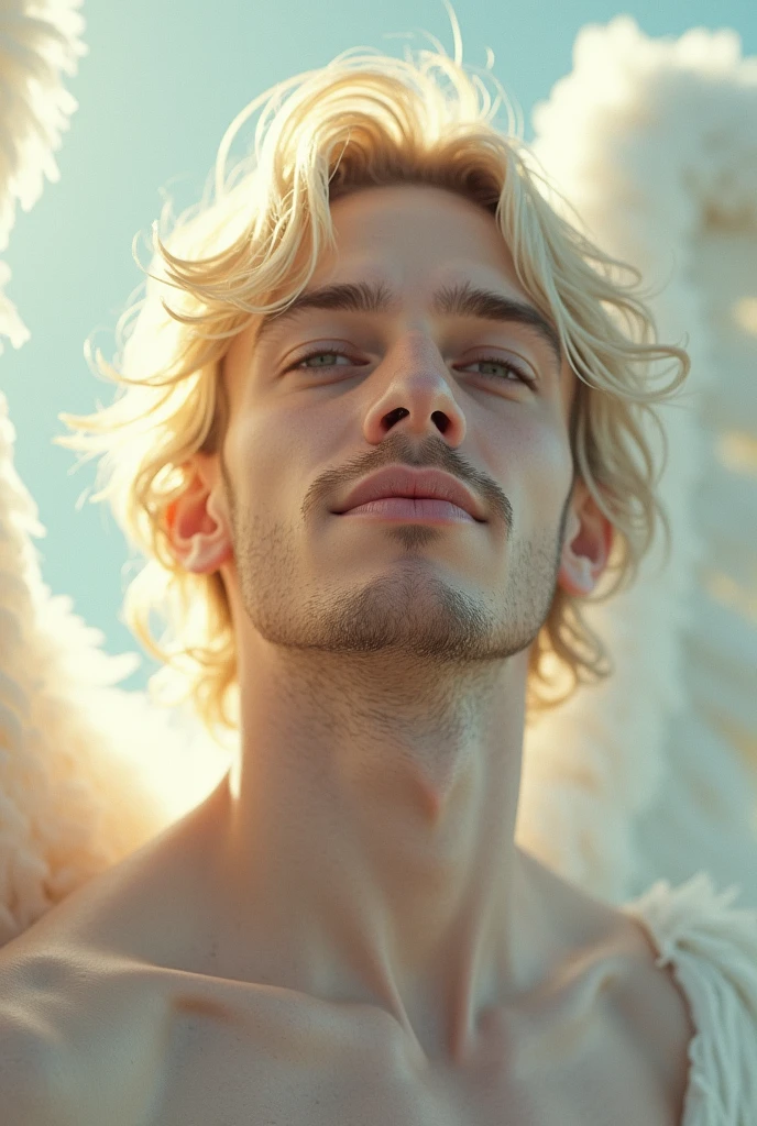 30 generation white male、Mysterious and sexy face、looking at the camera、Image、Beautiful angel wings、Upper body skin?、No beard、Slightly longer blonde hair、Rainbow on background、Smiling