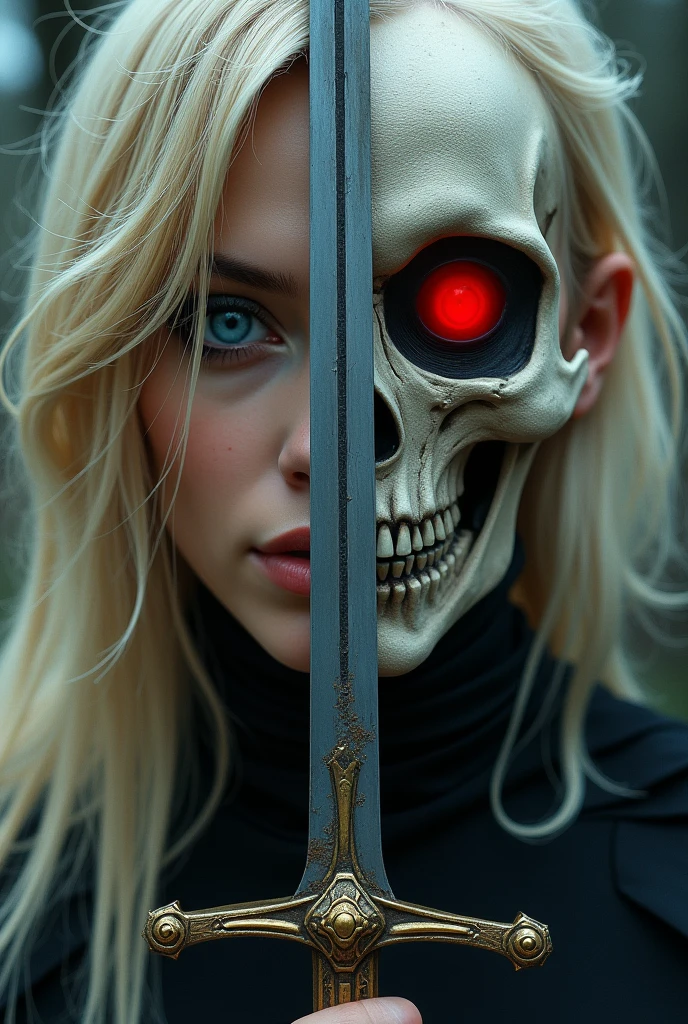 A blonde woman with blue eyes and a red eyed skeleton share the same face, with a sword erected in the center, in a fantasy game style, suitable for mobile phone wallpapers, and the faces on both sides are the same size