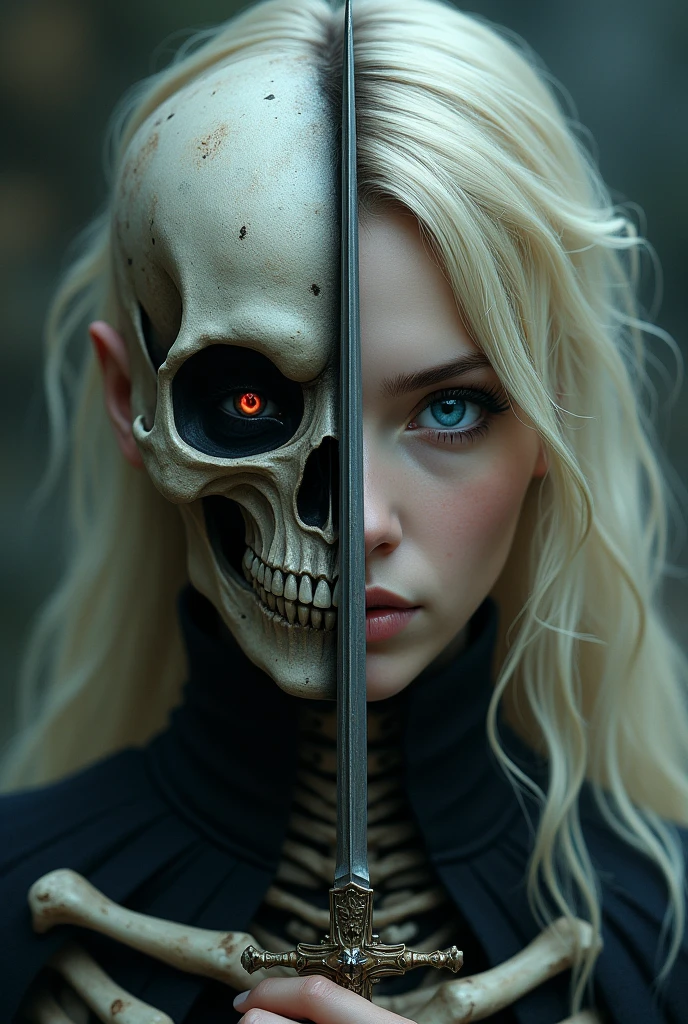 A blonde woman with blue eyes and a red eyed skeleton share the same face, with a sword erected in the center, in a fantasy game style, suitable for mobile phone wallpapers, and the faces on both sides are the same size