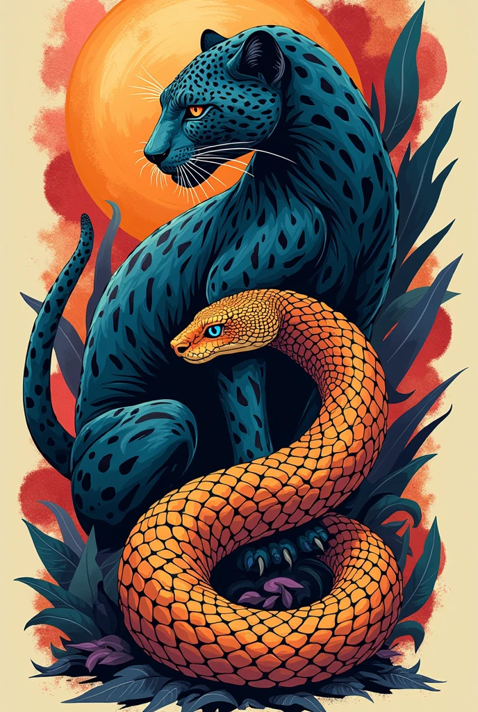 Make a good drawing of a snake next to a jaguar, do it in tumblr style