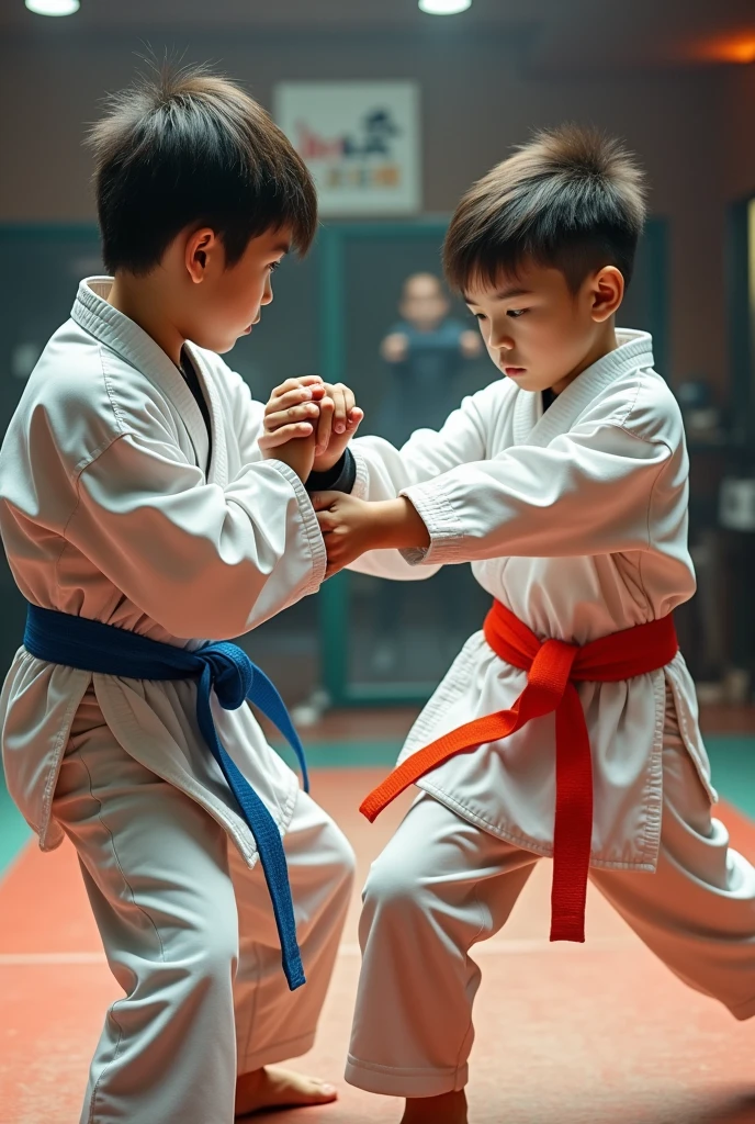 Two boys are fighting in Taekwondo
