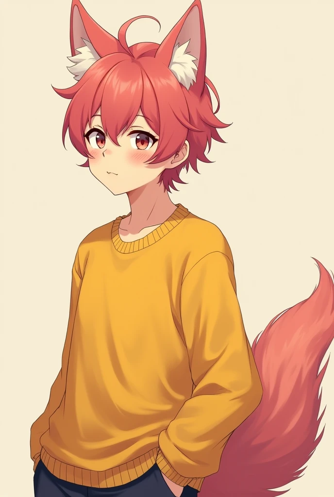 Young man with pinkish red hair, ears and a tail, wearing a yellow sweater, anime