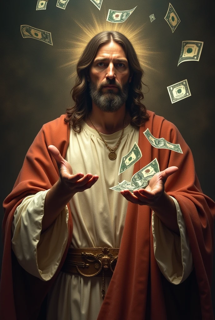 Jesus doing a money spread in his hands