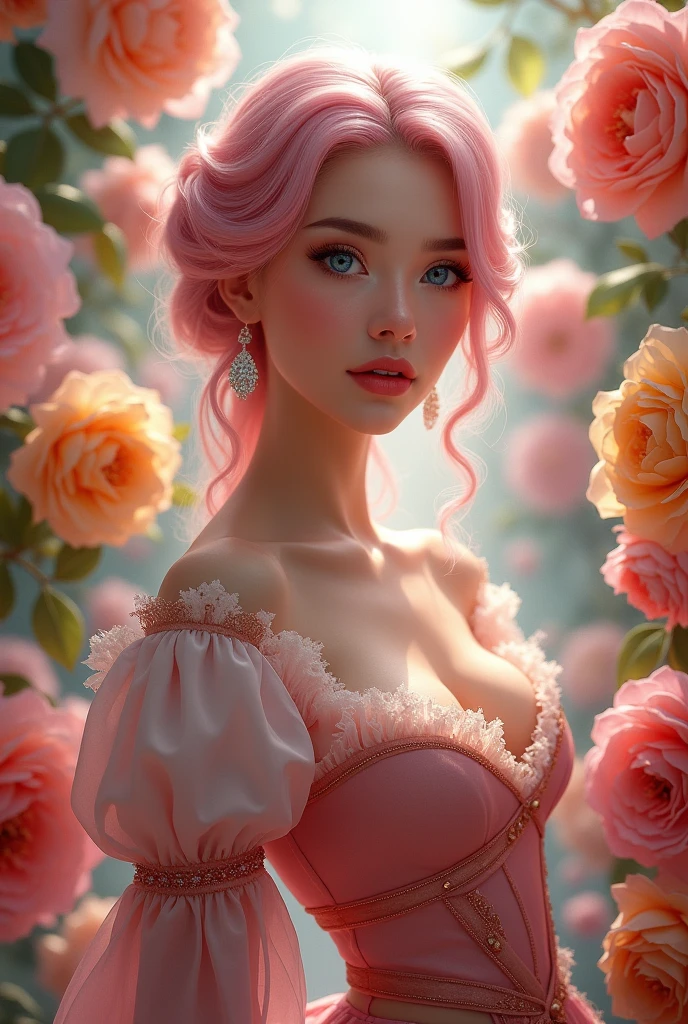 This is realistic fantasy artwork set in the castle's enchanted rose garden. Generate a proud woman with a highly detailed face dressed in the billowing folds of a stunning French silk ballgown. The woman's sweet face is ((((highly detailed, with realistic features and soft, puffy lips.)))) The ballgown is embellished with ruffles, sashes, and bows and a delicately, but intricately, hand-embroidered bodice. The corset features silk ribbon. The woman's stunning eyes are beautifully blue hair pink detailed, featuring realistic shading and multiple colors and high resolution. The woman is in a garden of eternal roses, each one beautifully formed and highly detailed. These realistic roses feature shimmering shades of pink, yellow, orange, and glimmering red. The eternal rose is a deep shade of red with shimmering pink overtones and undertones. Ensure that the woman's face, hair, and eyes are perfect. realism, high fantasy, whimsical fantasy, storybook fantasy, fairytale fantasy, fantasy details, enchanting, bewitching, 8k, hires, cgi, digital painting, unity, unreal engine, (((masterpiece))), intricate, elegant, highly detailed, majestic, digital photography, art by artgerm and ruan jia and greg rutkowski, (masterpiece, finely detailed beautiful eyes: 1.2), hdr, realistic skin texture, (((1woman))), (((solo))), Include a highly detailed face, extremely detailed face, and interesting background.
