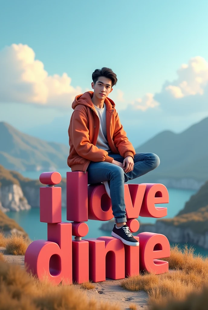 a handsome Asian guy aged 20 wearing cool clothes. sitting on a 3d text block that says "I love Dinie". background view from the hill