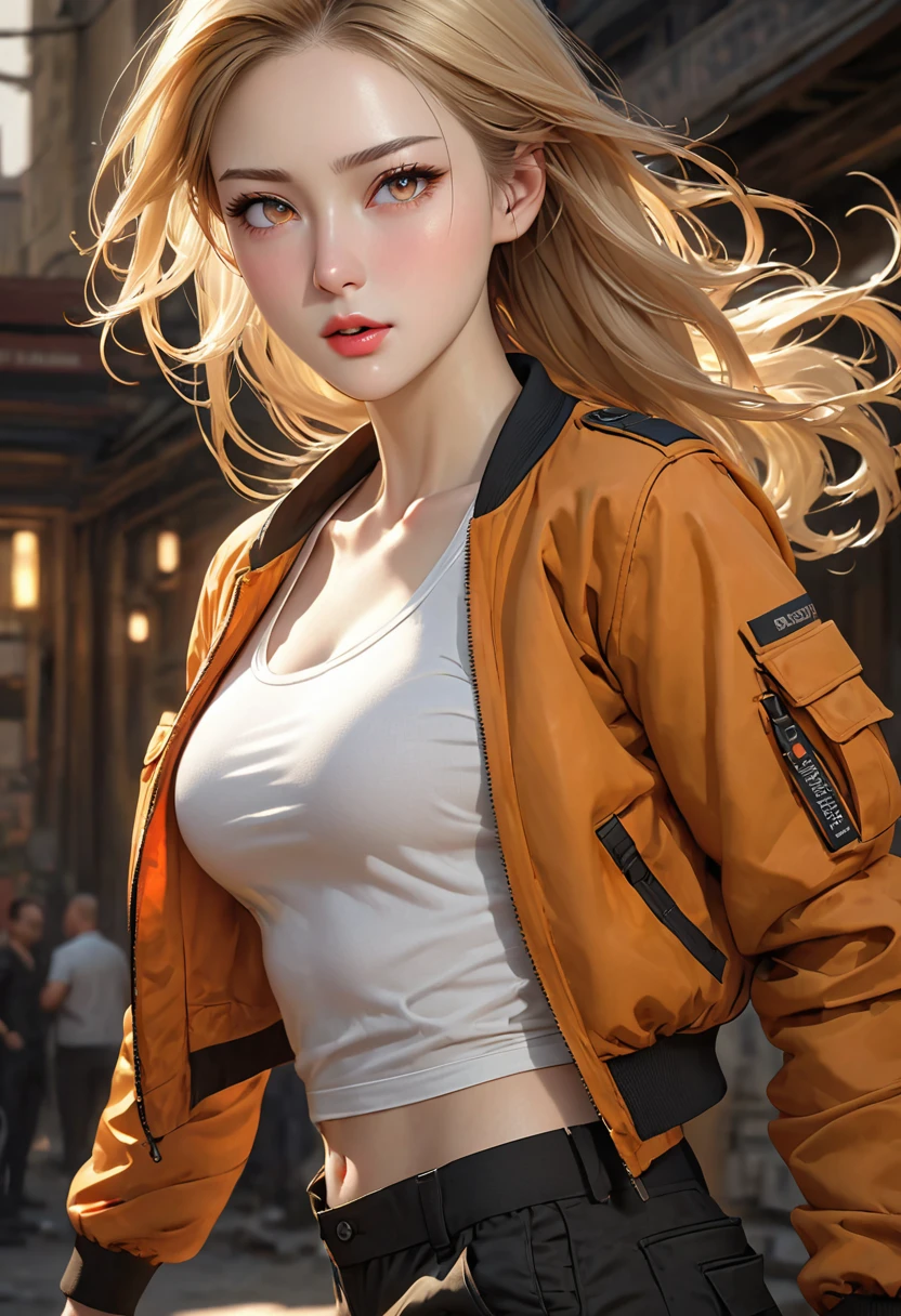 ((realistic)), ((best quality)), ((artwork)), ((extremely detailed face)), ((perfect lighting)), ((extremely detailed CG)), ((perfect hands)), ((perfect anatomy)), Appearance= Average, slender, fair skin, exquisite features, elegant brows, high cheeks, straight tall nose, thin lips, sharp chin; apricot eyes; long, flowing blonde hair; Personality= Hyperactive, determined, naughty, smart Occupation= Contractor Clothing= Black tactical pants, tight tank top, bomber jacket, combat boots.] 