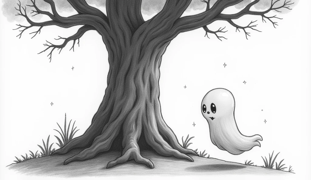 Cartoon  ghost guarding a huge tree in pencil drawing 