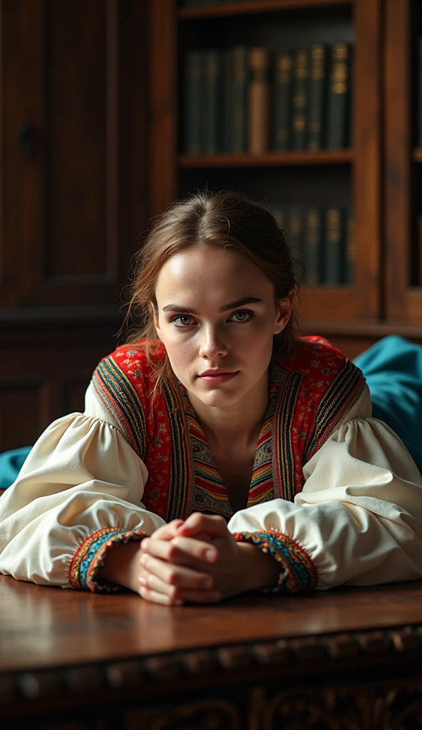 Photorealistic portrait of 18-year-old Emma Watson in Kazakh national dress.,  in the dominant pose, sprawled across the library table, hyper detailed, dramatic lighting, Cinematic composition, complex parts, bright colors, seamless combination of realistic and fantasy elements