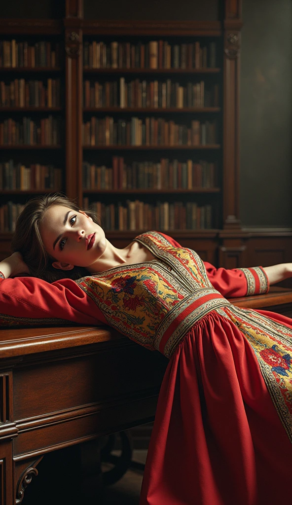 Photorealistic portrait of 18-year-old Emma Watson in Kazakh national dress.,  in the dominant pose, sprawled across the library table, hyper detailed, dramatic lighting, Cinematic composition, complex parts, bright colors, seamless combination of realistic and fantasy elements