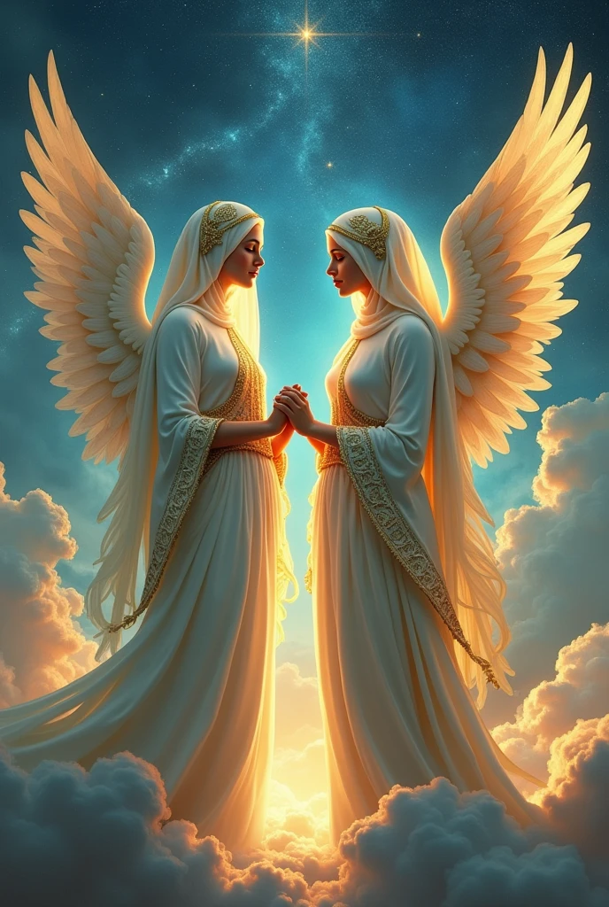 aspect ratio size 9:16 beautiful Islamic angel women are sad and happy waiting for their future husband who is on earth