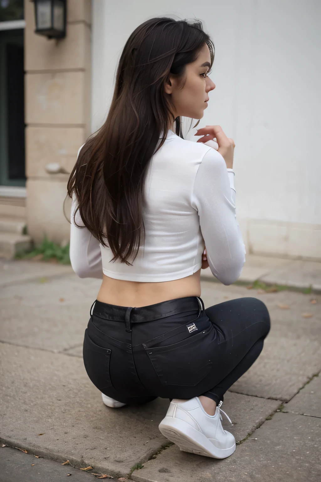 black jeans, white top, white sneakers, Back view