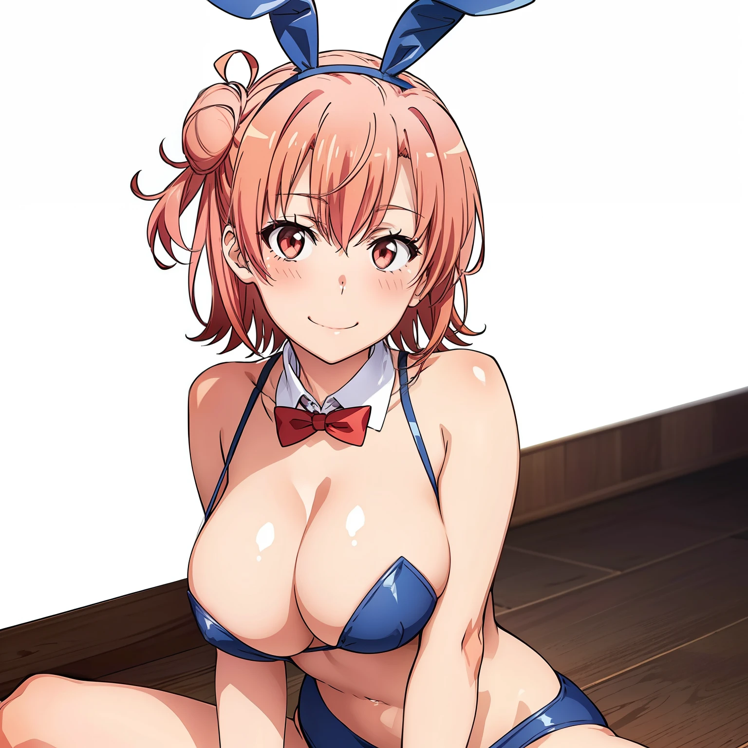 ((masutepiece, Best Quality, hight resolution, nffsw, Perfect Pixel, depth of fields, 4K, )), 1girl in, Solo, , Beautiful anime girl, Beautiful Art Style, Looking at Viewer, Perfect body, Yuigahama Yui, Short hair, single hair bun, pink hair, (large boob), Full face blush, Smile, thighs thighs thighs thighs, navy playboy bunny, red bowtie, white background, sitting on floor, portrait shot, Focus,