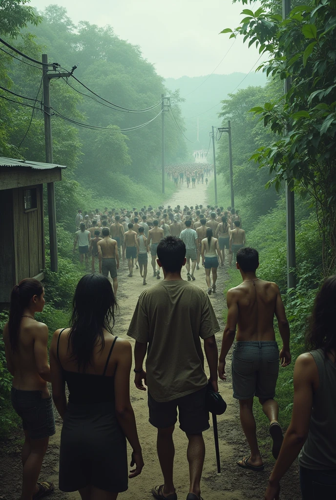 humen of front and look at viwer , Zombie horde，Thai landscape, Survival, danger