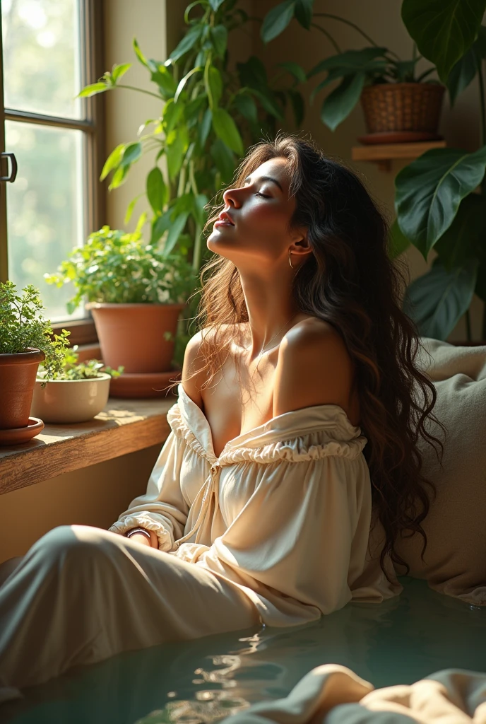 (photorealism:1.2), beautiful woman, swimming on river, wearing loose off-shoulder top, pajama pants, long curly hair, indoors, soft lighting, plants in background, window with sunlight, cozy room, relaxed pose, realistic, intricate details, warm colors, by Greg Rutkowski, by Alphonse Mucha