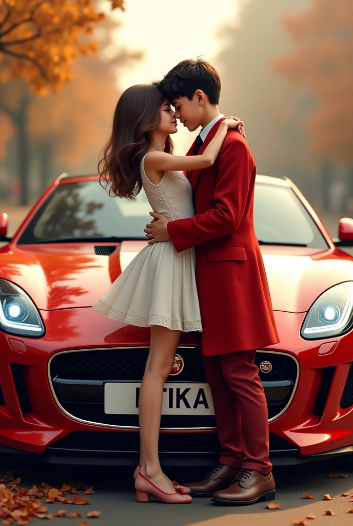 Girl and boy hug and kiss on JAGUAR car and car name plate name is RITIKA and girl wear white colour frock and boy wear coat pant red colour