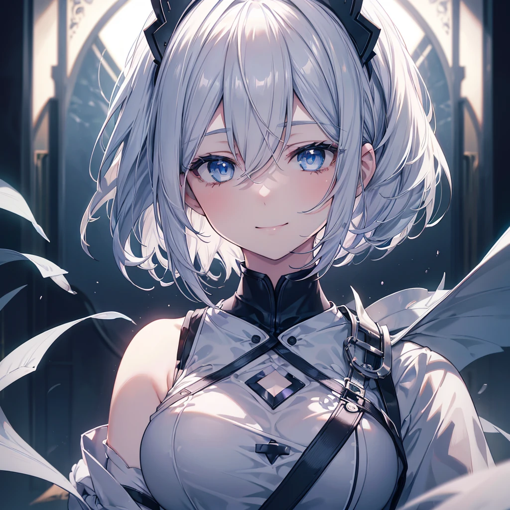 a beautiful detailed portrait of a shoulder length hair nurse aide, with no hat, large breasts, in an anime style, high resolution, photorealistic, dramatic chiaroscuro lighting, intricate details, ominous aura, beautiful blue eyes, beautiful silver hair, short bob cut, sharp facial features, strong presence, smile, White or pale blue scrub clothing,