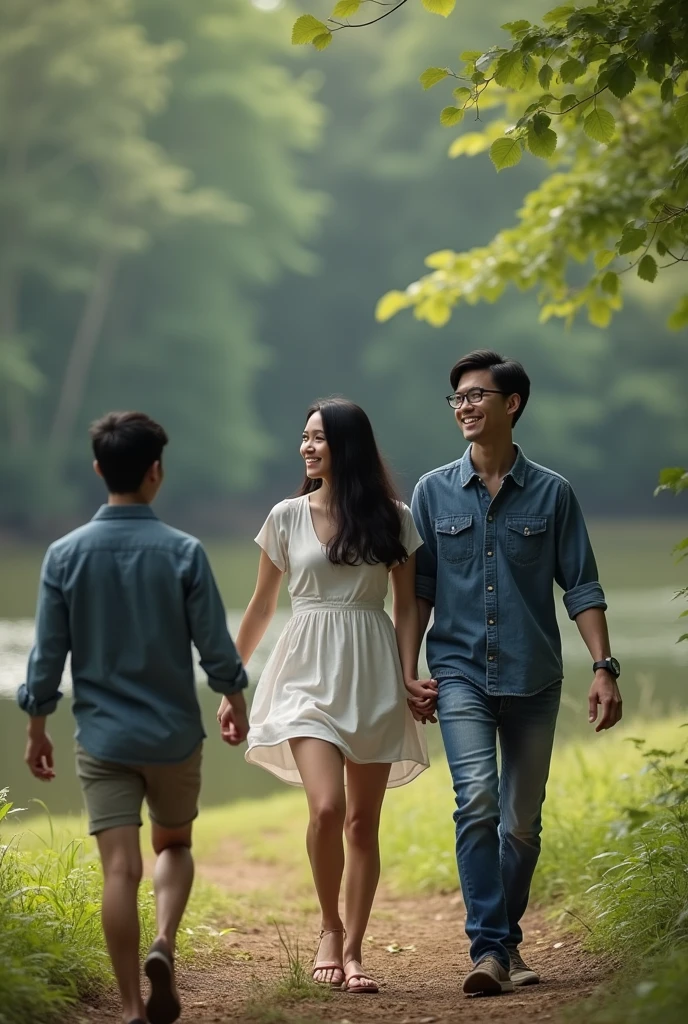 Like real photo,  married couple about 40 years old, both black hair, she wears a short white dress and has long hair, he wears short blue jeans and a blue denim shirt and yew glasses, both smile and talk to each other,both walk towards a lake in the forest, the dress slides up at the back, a handsome stranger with dark short hair comes towards them and smiles, the stranger is wearing short shorts and a long-sleeved shirt, he is about 1m away and smiles,he comes towards them from the front and smiles at them